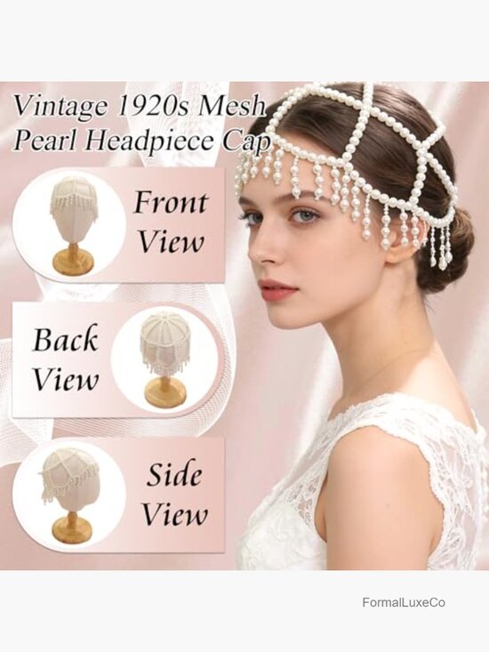 1920s Mesh Pearl Headpiece Cap Tassel Head Chain Flapper Headband Prom Costume main image 6
